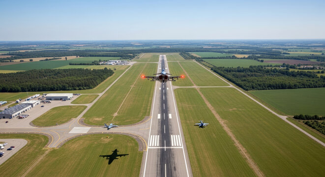 Fighter jet taking off from runway at airbase aerial view of military aircraft accelerating for flight with red navigation lights on