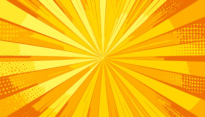 Fototapeta premium Sfondo giallo brillante con raggi esplosivi in stile fumetto e texture a semitoni, effetto dinamico