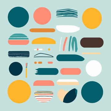 Composizione astratta di forme geometriche e pennellate colorate su sfondo pastello, design moderno.