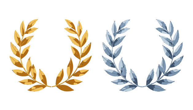 Corona d'alloro dorata e corona d'alloro argentata su sfondo bianco, simbolo di vittoria e successo