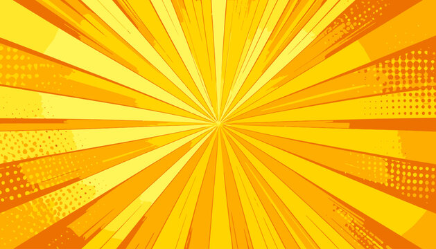 Sfondo giallo brillante con raggi esplosivi in stile fumetto e texture a semitoni, effetto dinamico