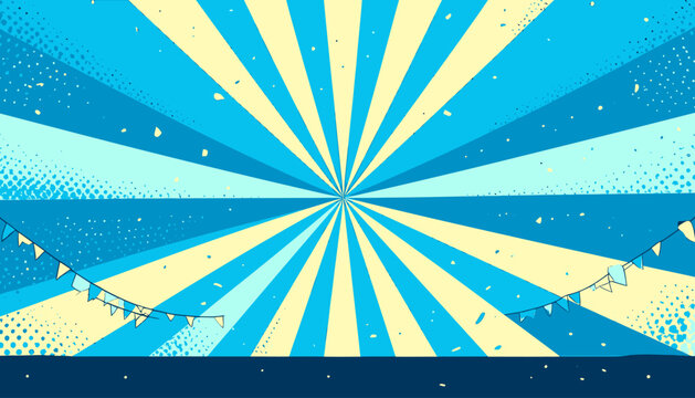 Sfondo vibrante a raggi di sole blu e giallo con ghirlande festive, evocando un'atmosfera retr&ograve; e fumettistica.