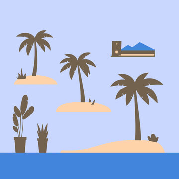 Illustrazione stilizzata di palme su isole tropicali con piante in vaso e un edificio moderno sullo sfondo