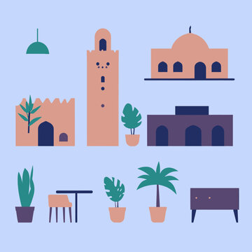 Illustrazione vettoriale di edifici stilizzati e piante in stile piatto, architettura marocchina
