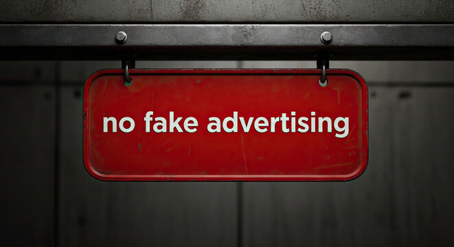 Red metal sign stating ""no fake advertising"" hanging from a dark grunge-style industrial ceiling promoting ethical marketing practices and honesty