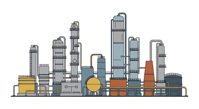 Industrial oil refinery complex with distillation towers and pipelines.