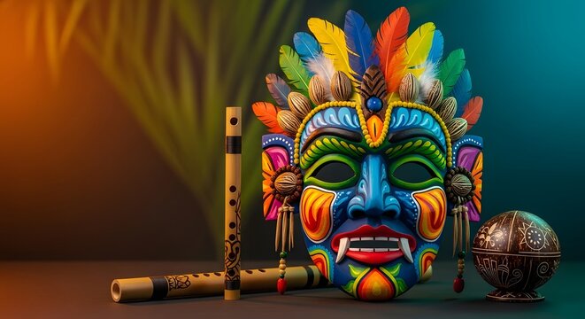 Colorful Tribal Mask with Feathers and Wooden Flute on Tropical Elements Inspired by Fiesta de los Diablitos Cultural Poster
