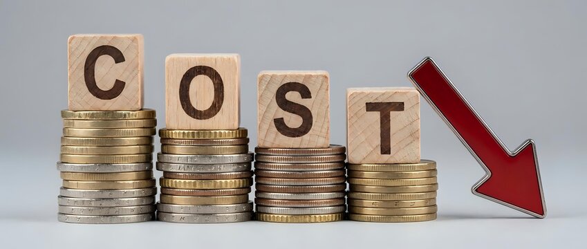Business cost reduction concept with wooden letter blocks spelling COST on decreasing coin stacks and red downward arrow on white background.