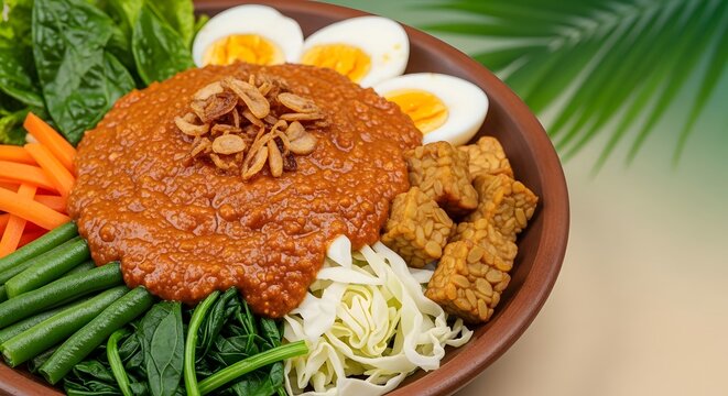 Indonesian Pecel Salad with Fresh Vegetables, Boiled Egg, Crispy Tempeh, and Peanut Sauce