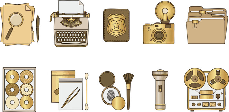 A collection of vintage detective and forensic investigation icons including a typewriter, police badge, evidence bags, and a reel tape recorder.