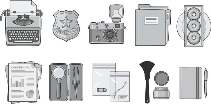 A collection of grayscale flat icons depicting detective equipment, forensic tools, and police investigation elements for crime scene analysis.