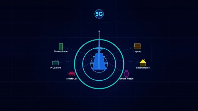 5G Network Tower Infrastructure with Connected Smart Devices Icons
