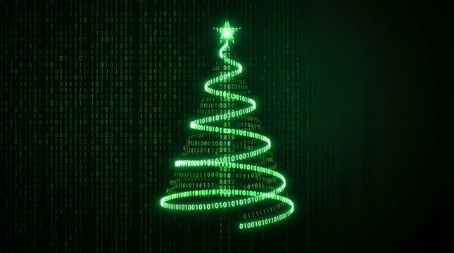 Digital Christmas tree made of glowing green binary code spiral on dark matrix background for holiday tech designs and cyber celebrations.