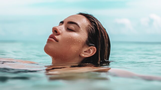 Candid moment of a woman floating peacefully in the sea, eyes closed, showing a natural unedited body type, self-acceptance