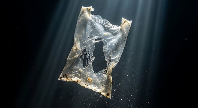 Torn plastic bag with dramatic lighting on dark background, highlighting environmental damage, pollution issue, and strong awareness concept with intense contrast