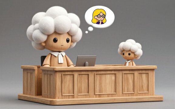 Two wooden judge figures with fluffy wigs one thinking of a blonde