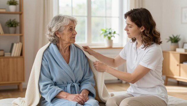 Caregiver gently draping a blanket over an elderly woman in a cozy bright home setting, conveying compassionate in-home elder care and supportive companionship