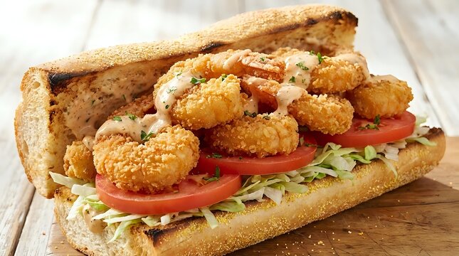 Crispy breaded shrimp po boy sandwich with fresh lettuce and tomato slices on crusty bread roll served on wooden surface for restaurant menu design.