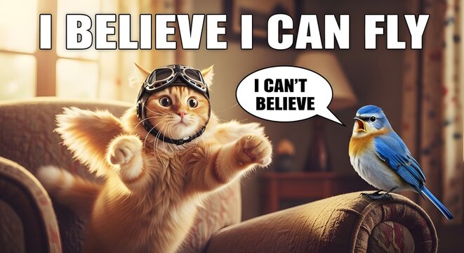 A humorous meme of a cat wearing a pilot's helmet sitting on a couch with a blue bird, conveying a funny and playful mood with warm tones