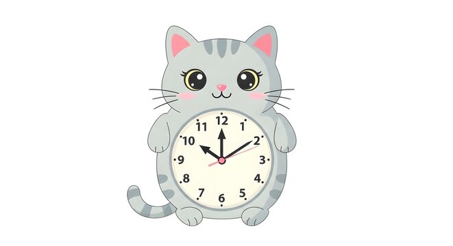 A cute cartoon gray cat holding a clock with a white face on a plain white background