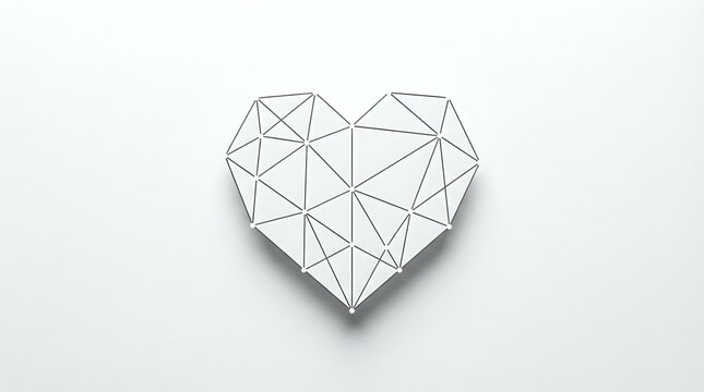 Geometric heart shape with polygonal wireframe design on white background. Modern minimalist love symbol for wedding invitations and romantic projects.