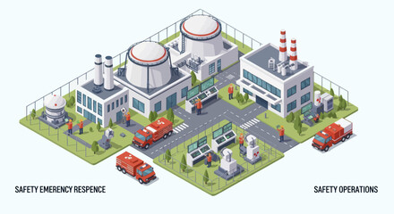 Fototapeta premium Isometric Nuclear Power Plant with Emergency Response and Safety Operations.