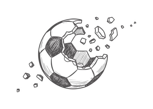 Hand drawn exploding soccer ball with fragments flying apart explosion breaking