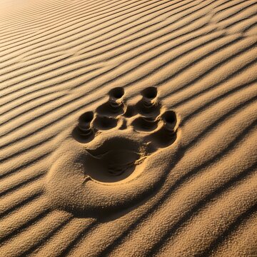 A large animal paw print leaves a camel toe impression in smooth, rippled desert sand with warm, golden light