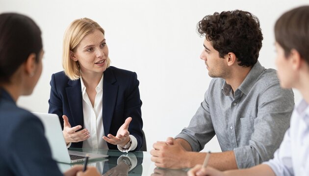 Businesswoman leading a small team discussion around a conference table