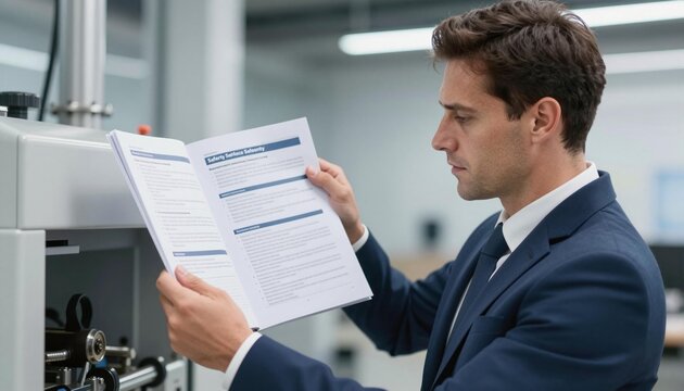 Man in suit reading an equipment manual beside industrial machinery in a factory setting, focused on technical documentation
