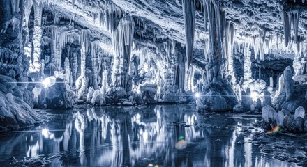 Fototapeta premium Stunning ice cave interior stalactites and reflections in a subterranean landscape
