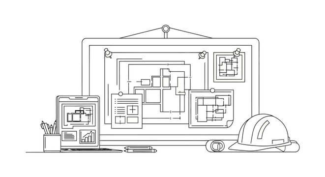 Architectural Planning and Construction Design Workspace Line Art Vector Illustration Featuring Blueprints, Hard Hat, Laptop, and Engineering Tools