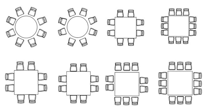 top view of dining table arrangements with chairs for event planning