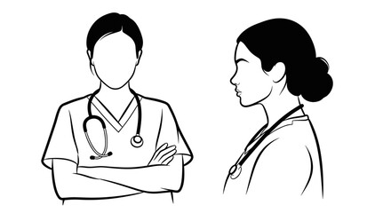 Fototapeta premium A minimalist vector illustration of two female medical professionals in a simple, flat design