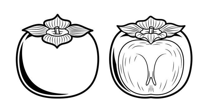 A minimalist line art illustration of a peach with leaves in black and white