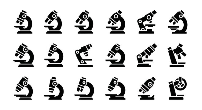 Black microscope icons, laboratory symbols, science illustrations, vector graphics