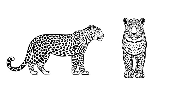A minimalist black and white illustration of two leopards in a flat design style