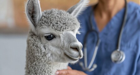Fototapeta premium Veterinarian examining a fluffy alpaca in a clinic. Professional animal healthcare and medical checkup. Close up of grey alpaca wool