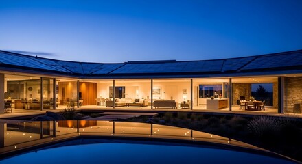 Fototapeta premium Futuristic eco home with integrated solar roof at blue hour, exterior photography for sustainable branding and luxury architectural advertising