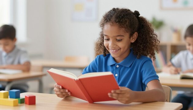 Smiling schoolgirl in a blue polo reading a red book at her desk in a bright elementary classroom