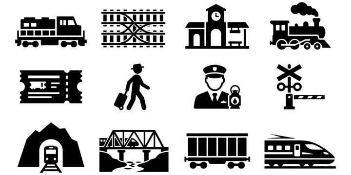Collection of railway and train icons with station, rail crossing, tunnel, and cargo elements. Minimal flat vector perfect for apps and infographics.