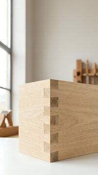 Handcrafted wooden box with dovetail joints showcasing traditional carpentry skills in bright workshop setting for woodworking and craftsmanship projects.