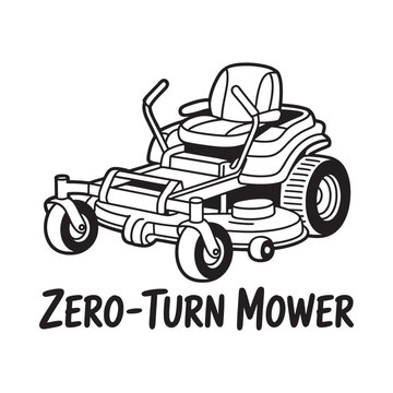 A black and white line drawing of a zero turn riding lawnmower