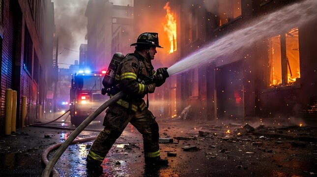 Firefighter in protective gear battles intense urban blaze with water hose as flames engulf buildings and smoke fills street during emergency response operation.