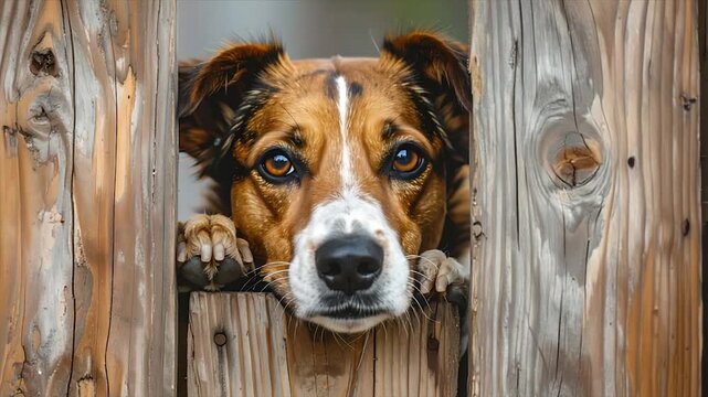 A dog peers over a wooden fence, brown and white fur, focused eyes