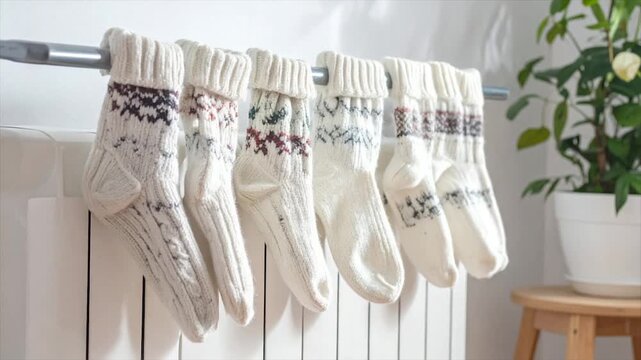 Six knitted socks, with patterned cuffs, are hanging to dry on a metal bar above a radiator