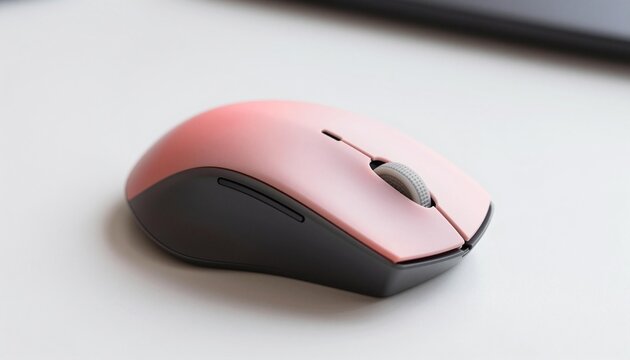 Sleek pastel pink wireless computer mouse with scroll wheel, side buttons and dark gray base photographed on a clean white surface