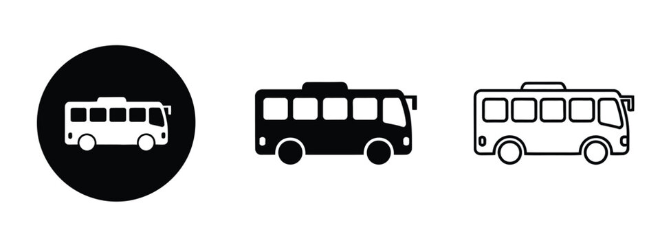 Bus icon vector set, public transport symbol and bus signage icons for travel apps, navigation systems, city transit, UI/UX design, and transportation graphics
