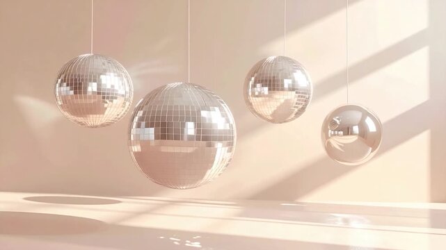 Four hanging reflective spheres in a minimalist, sunlit space with shadows