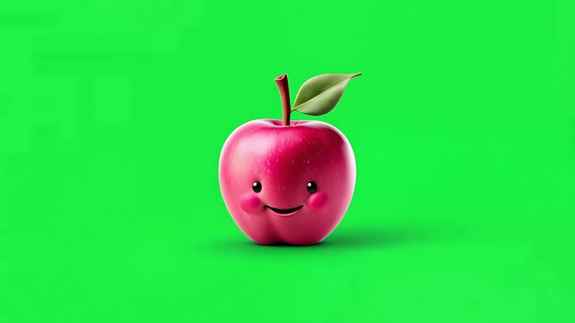 Smiling cartoon red apple character with stem and leaf on a vibrant green screen background, cute healthy food concept
